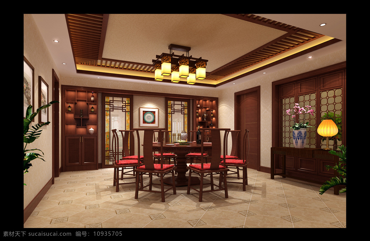 客厅 餐厅 豪华 环境设计 室内设计 中式 桌子 木椅 家居装饰素材