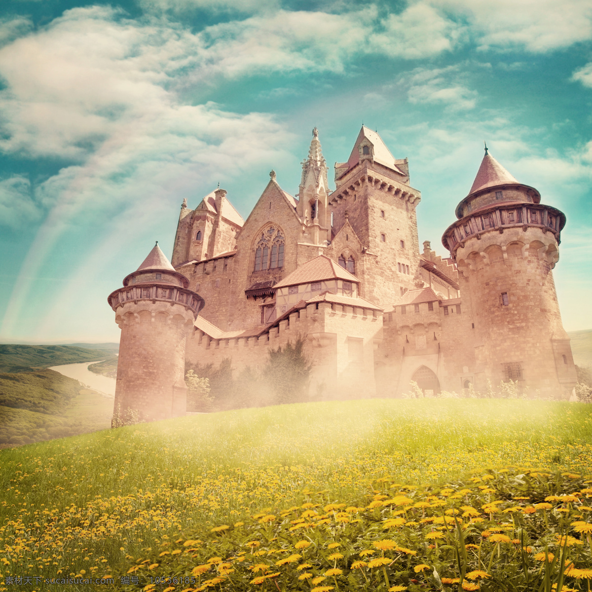 鲜花 草地 上 城堡 鲜花草地 彩虹 古堡 城堡建筑 古典建筑 城堡图片 风景图片