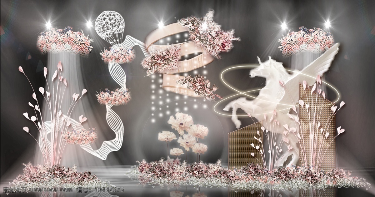 梦幻 开放式 舞台 飞马 花朵 水晶球 婚礼 效果图 浪漫 唯美 大气 创意 开放式舞台 飞马雕塑 铁艺几何网格 花朵水晶球 圆环装置 星星灯 流线型雕塑 灯树 热气球 优雅