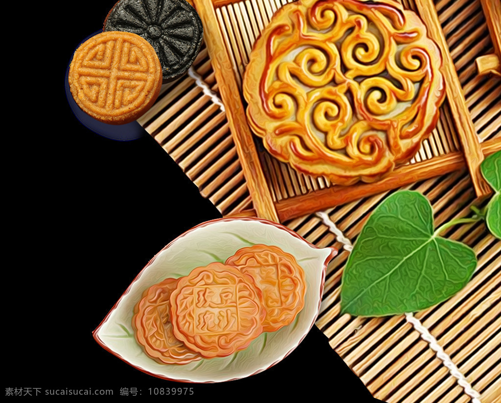 精致 美味 月饼 装饰 盘子 中秋节 树叶 席子