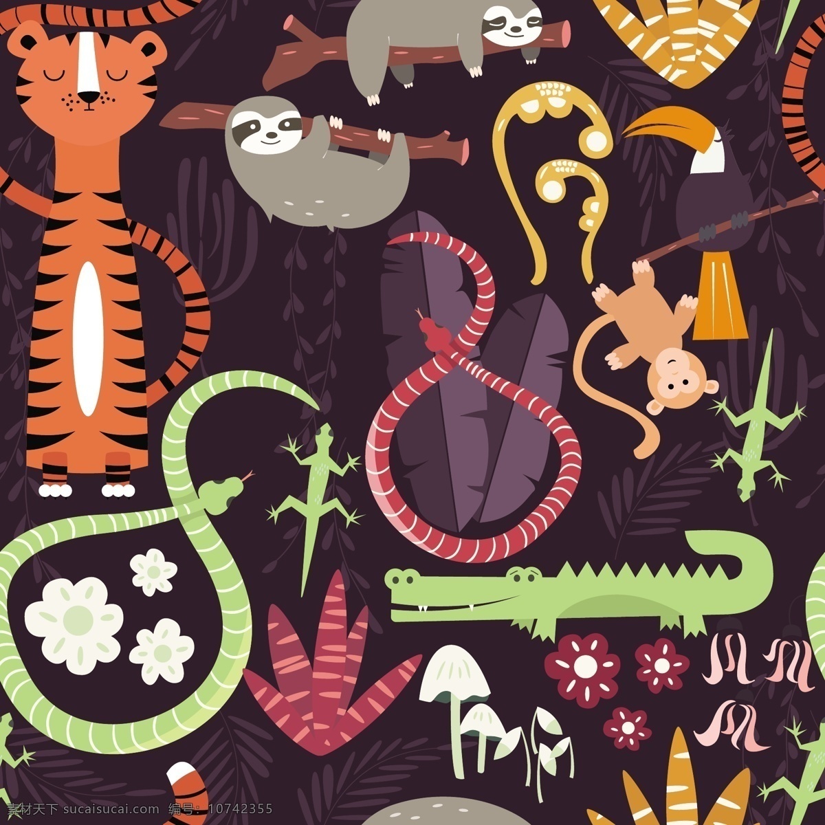 野生动物模式 背景 图案 动物 壁纸 猴子 无缝图案 老虎 图案背景 蛇 无缝 野生 懒惰
