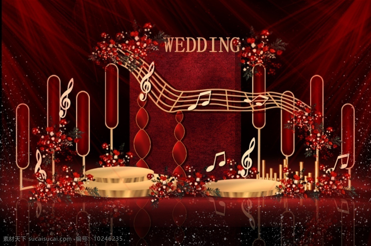 红 金 现代 音符 主题 舞台 仪式 区 婚礼 红金婚礼 音符主题婚礼 现代红金婚礼 金音 符 简约 造型 红色音符婚礼 金色音符婚礼