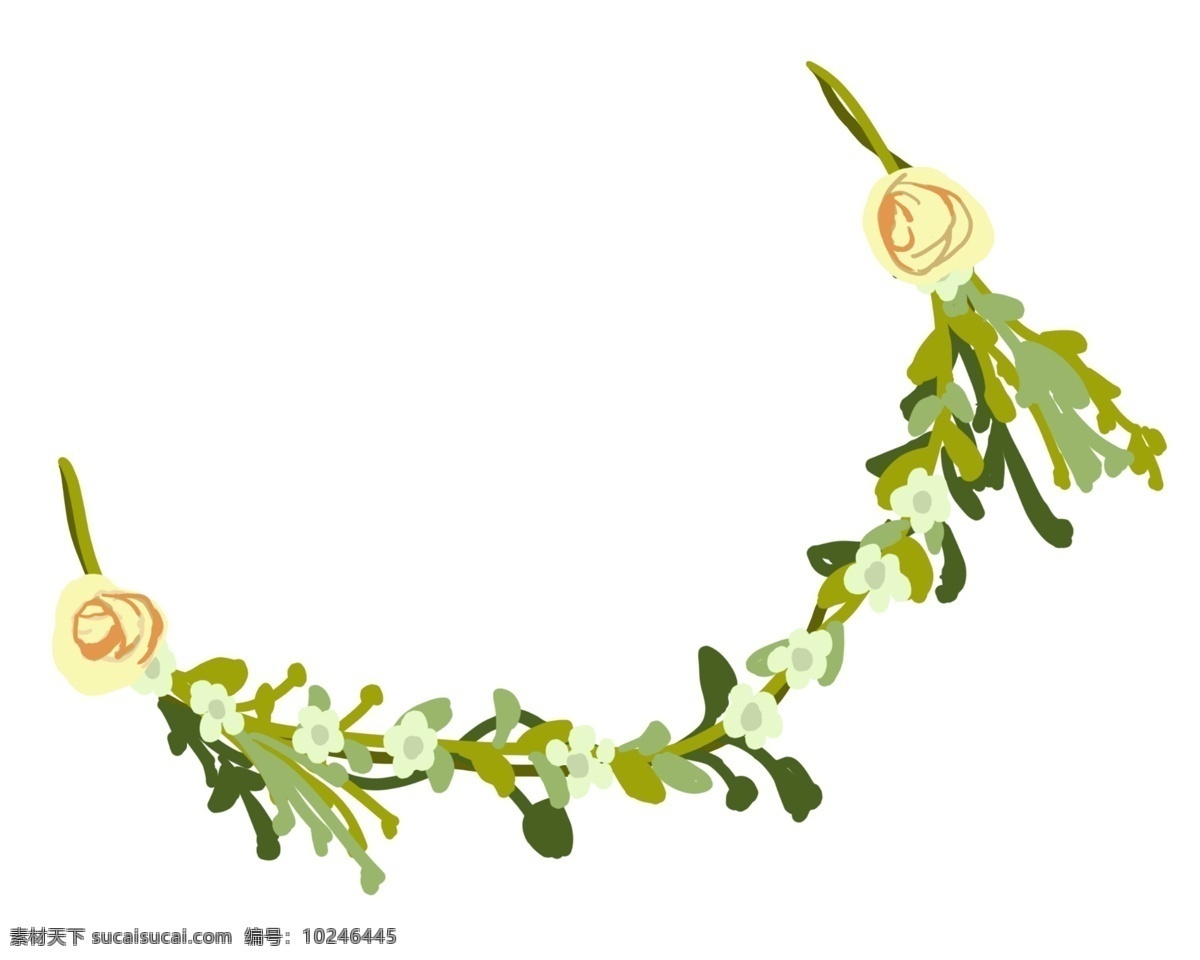唯美 花朵 水彩 花环 花饰 装饰花 彩绘植物绿叶 水彩花草花环 绿叶黄花插画