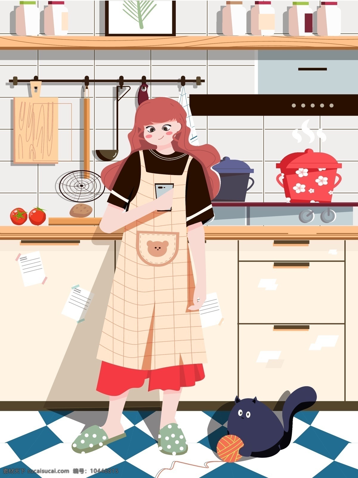 小女孩 烹饪 场景 小 清新 插画 人物 厨房 厨具 西红柿 锅 猫咪