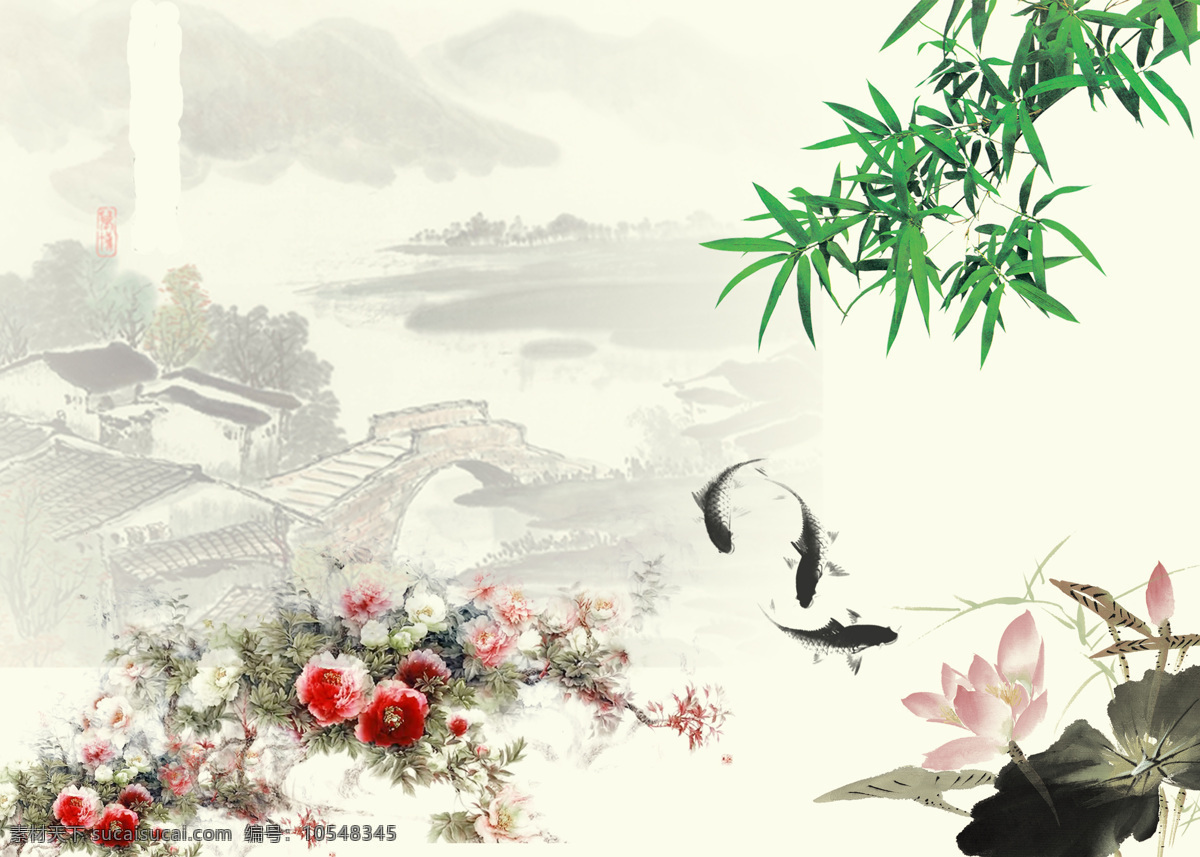 古代 山水画 花朵 树叶 小鱼 艺术 文化艺术