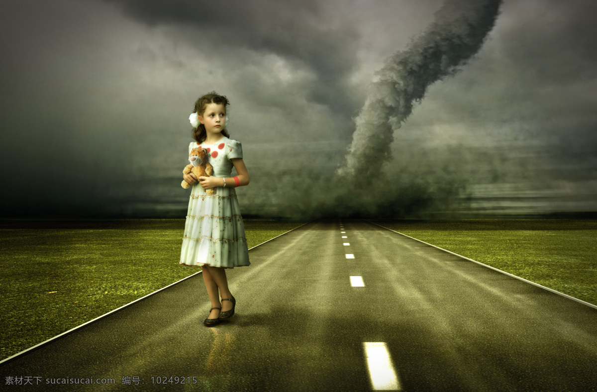 龙卷风 小女孩 小女生 公路 马路 道路 飓风 暴风 自然灾害 环境破坏 山水风景 风景图片
