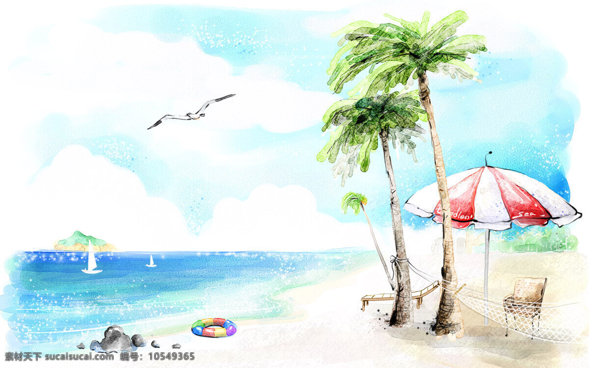 大海 动漫动画 帆船 风景漫画 海鸥 海滩 韩国插画 漫画 漫画设计素材 漫画模板下载 手绘 太阳伞 树 躺椅 插画集