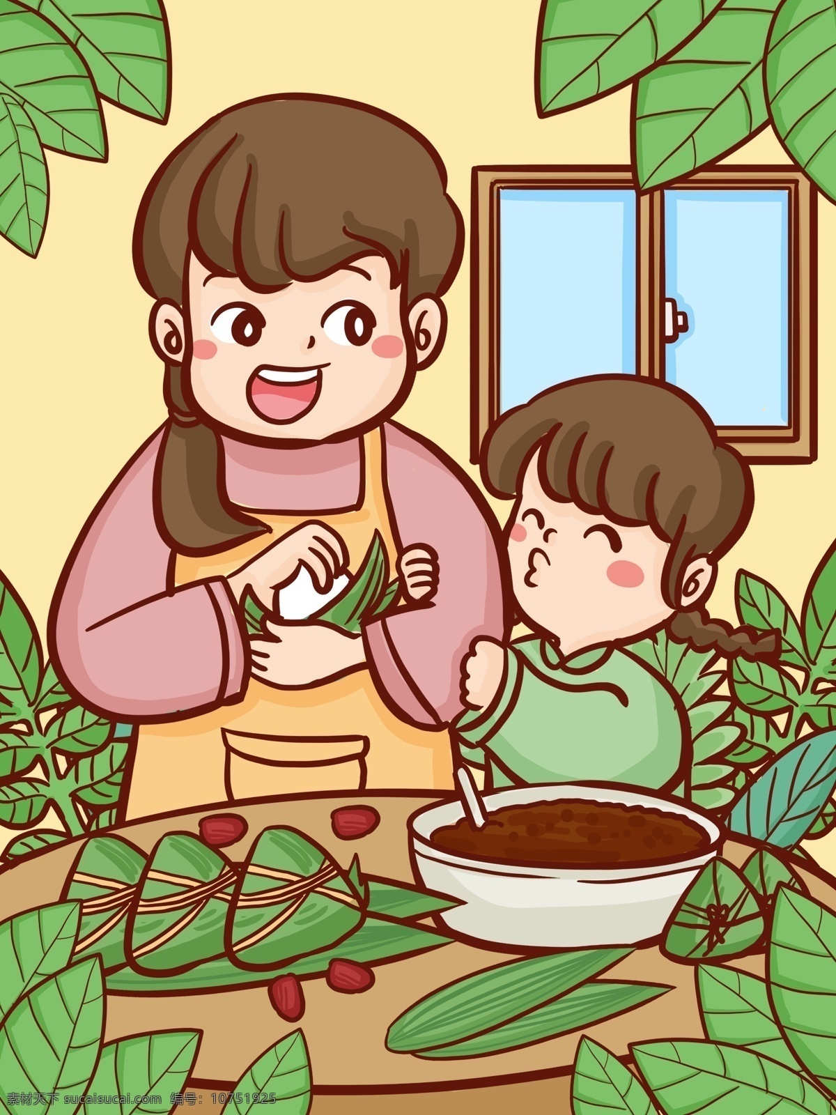 端午节 传统节日 妈妈 教 女儿 包 粽子 手绘 插画 端午 卡通 包粽子 豆沙 枣 糯米 母亲