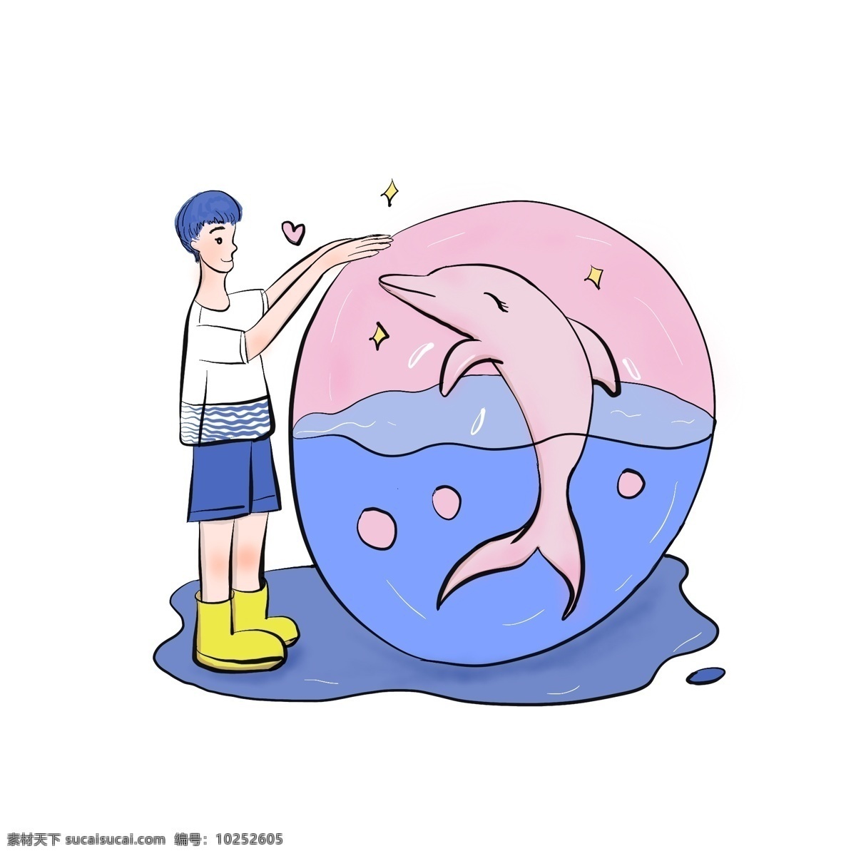 海豚 少年 梦幻 生物 原创 小清 新设 计 元素 可爱 小清新 爱心 蓝色 男孩 泡泡 粉色 雨鞋