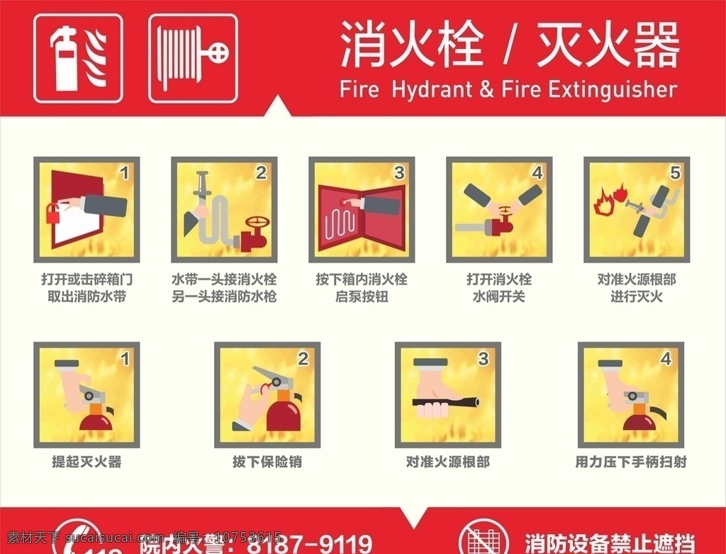 消防栓 灭火器 使用说明 消防使用 灭火器使用 消防栓使用 消防插图 消防流程 室内广告设计