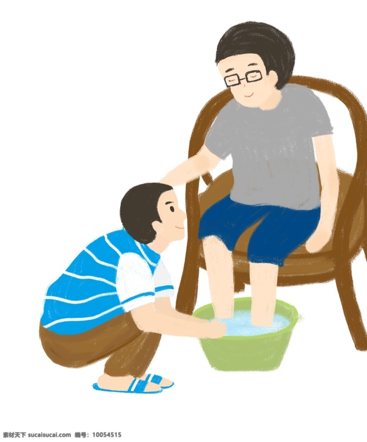 卡通 手绘 父亲节 帮 父亲 洗 脚 插画 帮父亲洗脚 洗脚 盘子 凳子 父爱
