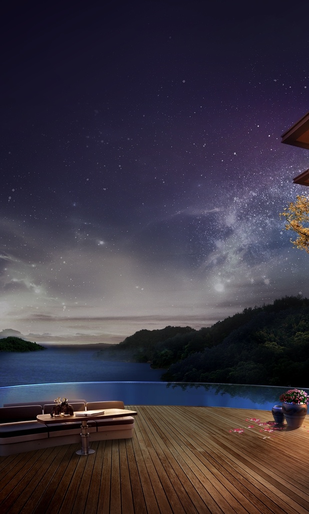 地产广告 地产 效果图 地产效果 湖 湖山 夜景 洋房 别墅 星空 庭院 露台 沙发 花坛 地板 屋角 共享 分层