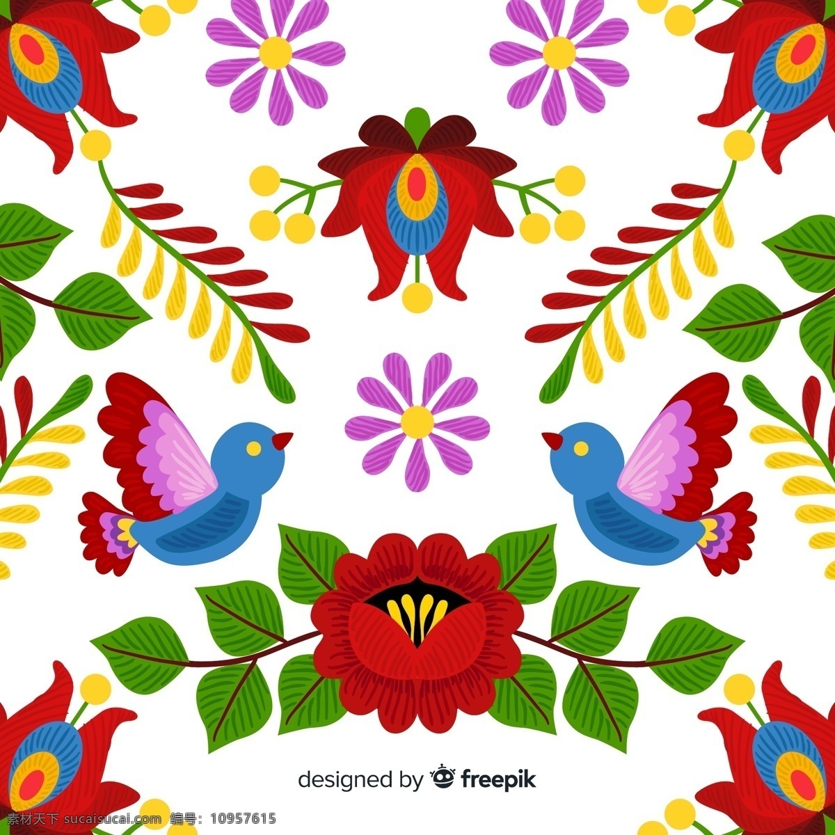 彩色抽象花卉 无缝背景 矢量素材 彩色 抽象 花卉 鸟 矢量图 ai格式 背景