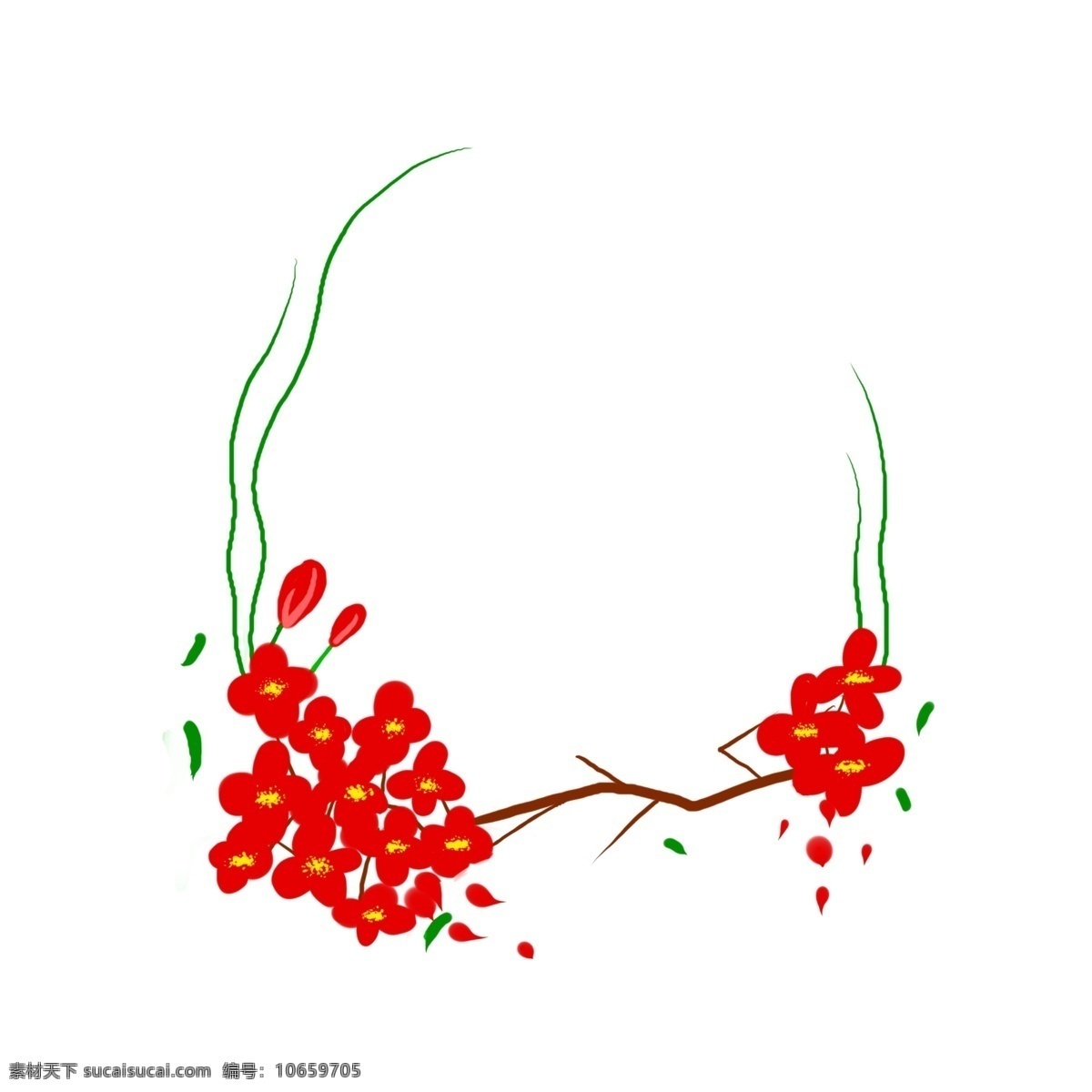 红色 海棠花 边框 红色的 花朵 装饰 树枝 绿叶 原创的 插画 装饰边框 花朵边框 手绘的