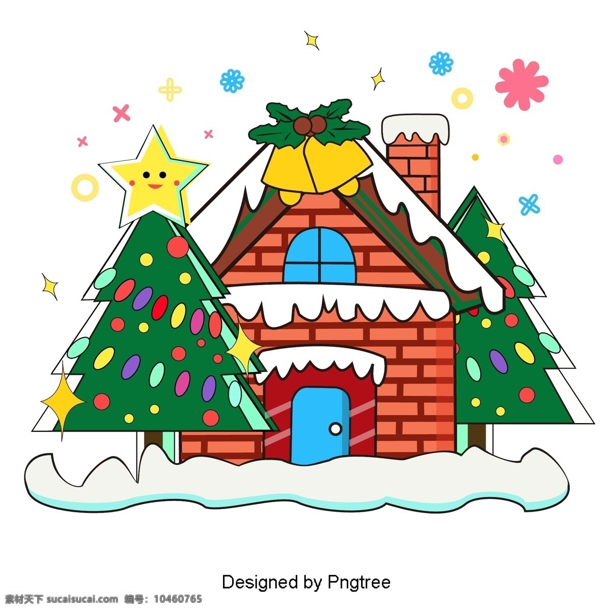 圣诞节 房子 雪 圣诞树 绿色 雪景 场景 圣诞 钟声 装饰品