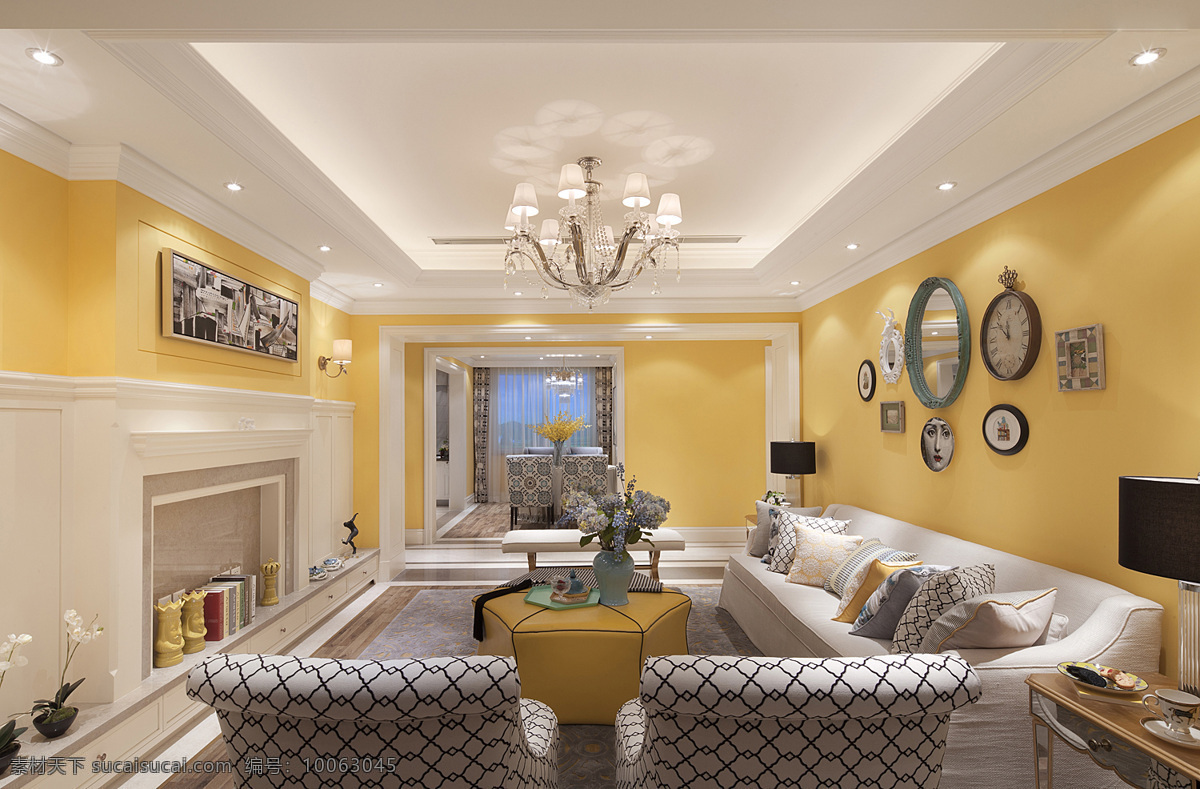 欧式 客厅 圆形 黄色 茶几 装修 效果图 白色灯光 白色射灯 方形吊顶 个性吊灯 黄色墙壁 照片墙