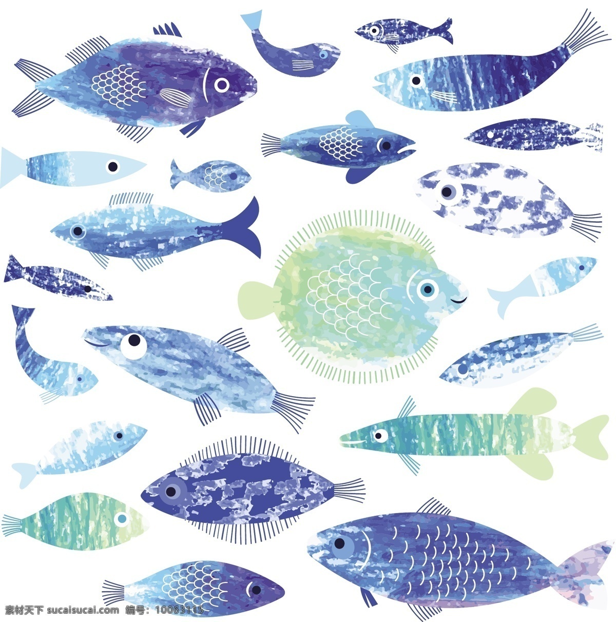 水彩 绘 时尚 蓝色 鱼类 插画 卡通 可爱 水彩绘