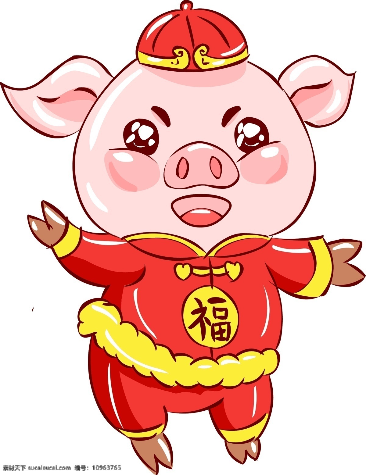 2019 猪年 新年 红红火火 手绘 卡通 吉祥 福字 猪 卡通猪 手绘猪 吉祥猪 红色 黄色 福娃猪 新年猪 亥猪 动物