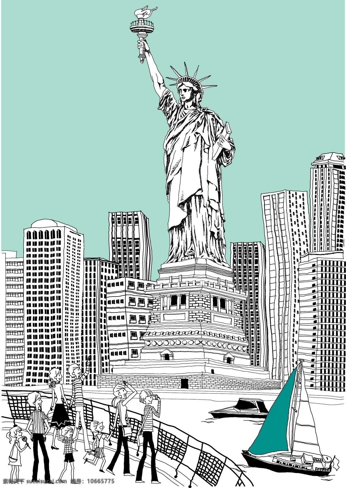 自由 女神 高楼大厦 旅行 美国 手绘 自由女神 矢量图 建筑家居