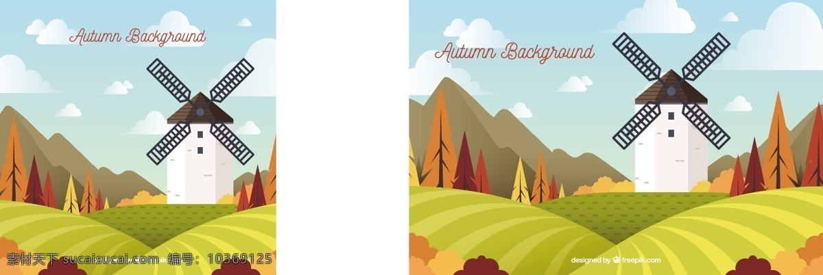 秋季 背景 磨坊 景观 树叶 自然 蓝色 天空 风景 可爱 秋天 五颜六色 云朵 平 多彩的背景 树木 色彩 平的设计