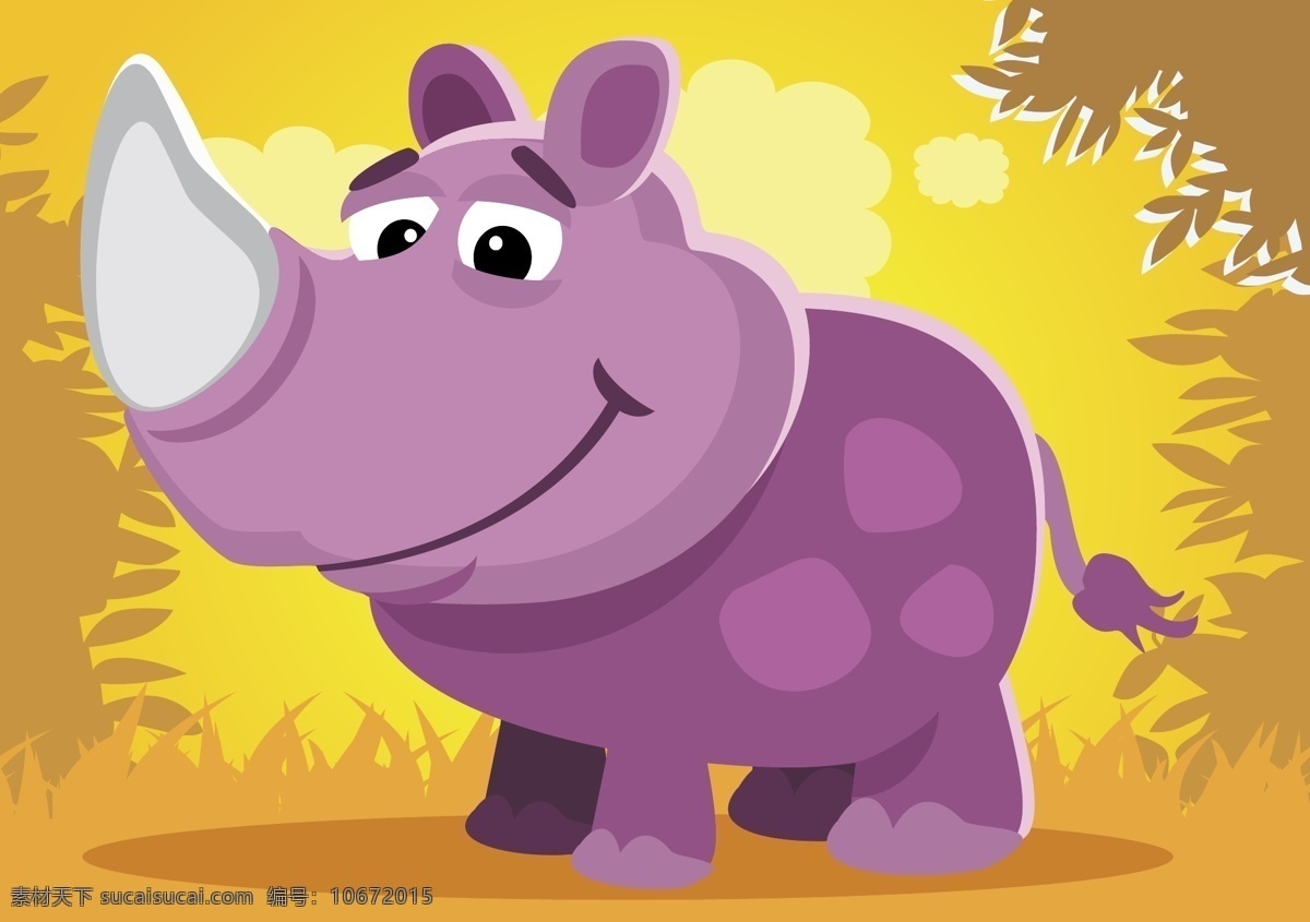 紫色 卡通 犀牛 动物 黄色