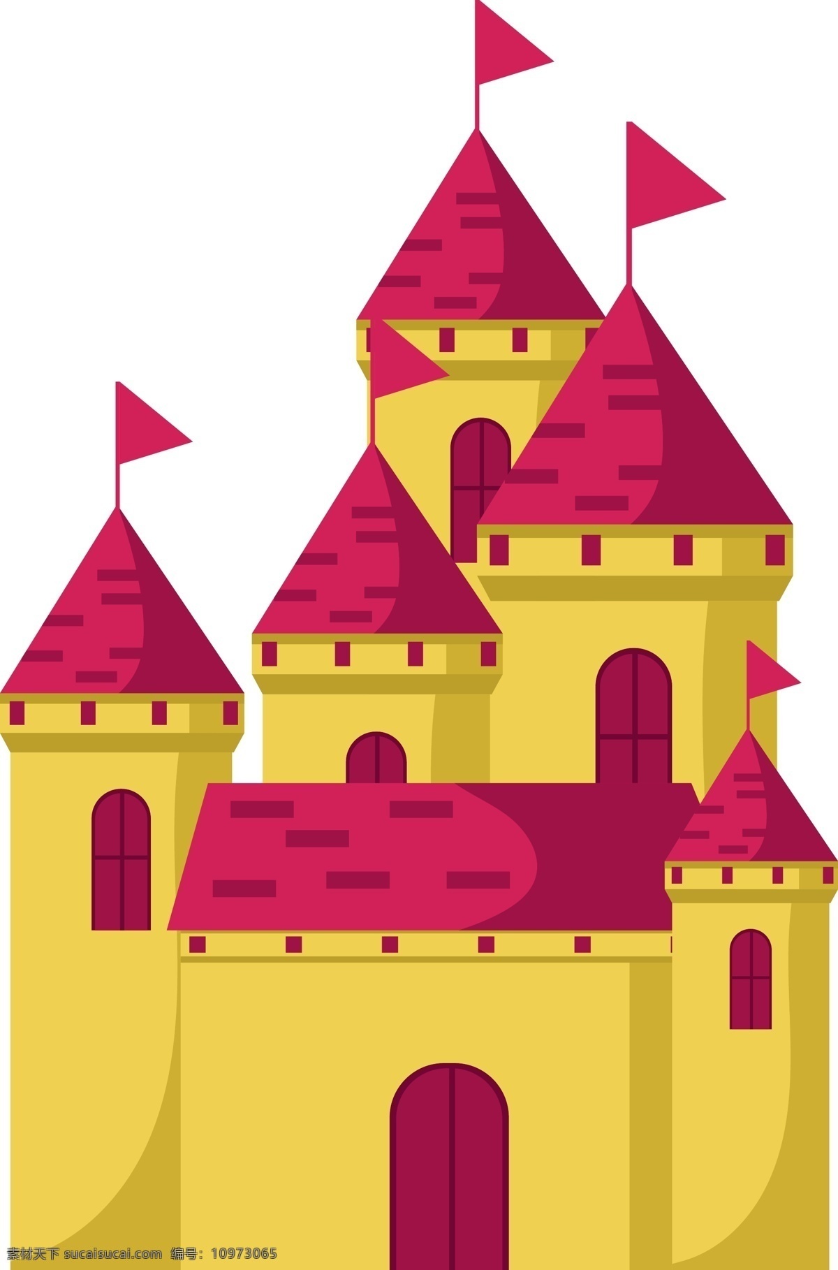 红色 小旗 装饰 城堡 插画 红色小旗装饰 黄色城堡 城堡建筑 建筑物 漂亮的城堡 房屋建筑 王国 城堡插画