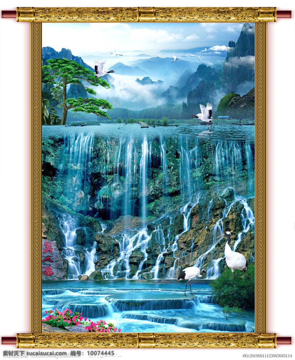 山水花 瀑布 鸟 白鹭 树木 古典 白色