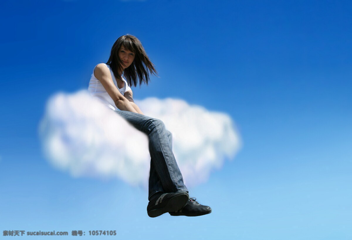 坐在 白云 上 美女 女孩 蓝天 坐着 向下看 天空 其他类别 生活百科 蓝色
