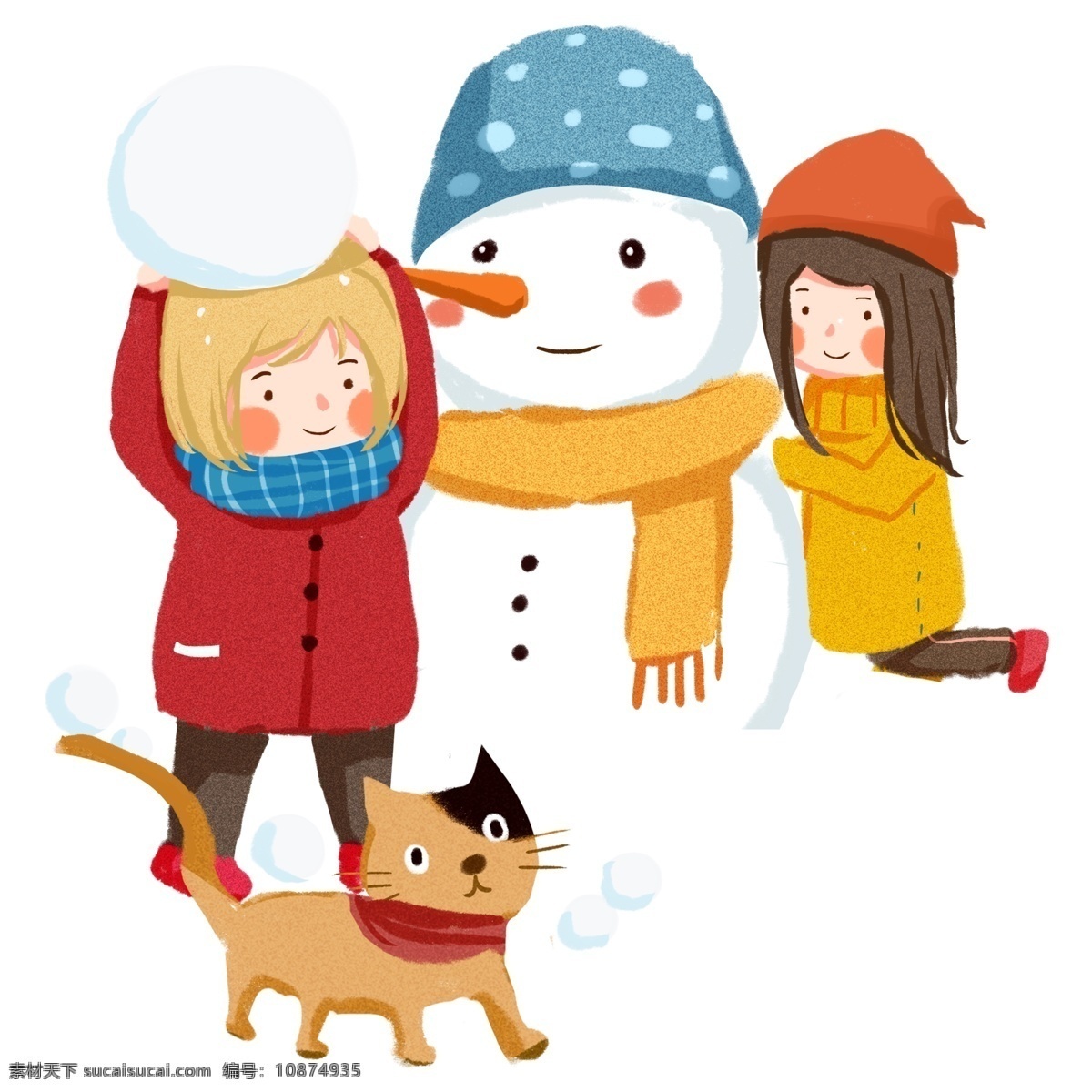 手绘 冬天 打雪仗 堆 雪人 儿童 小猫 彩色 卡通 清新 插画 堆雪人 小女孩