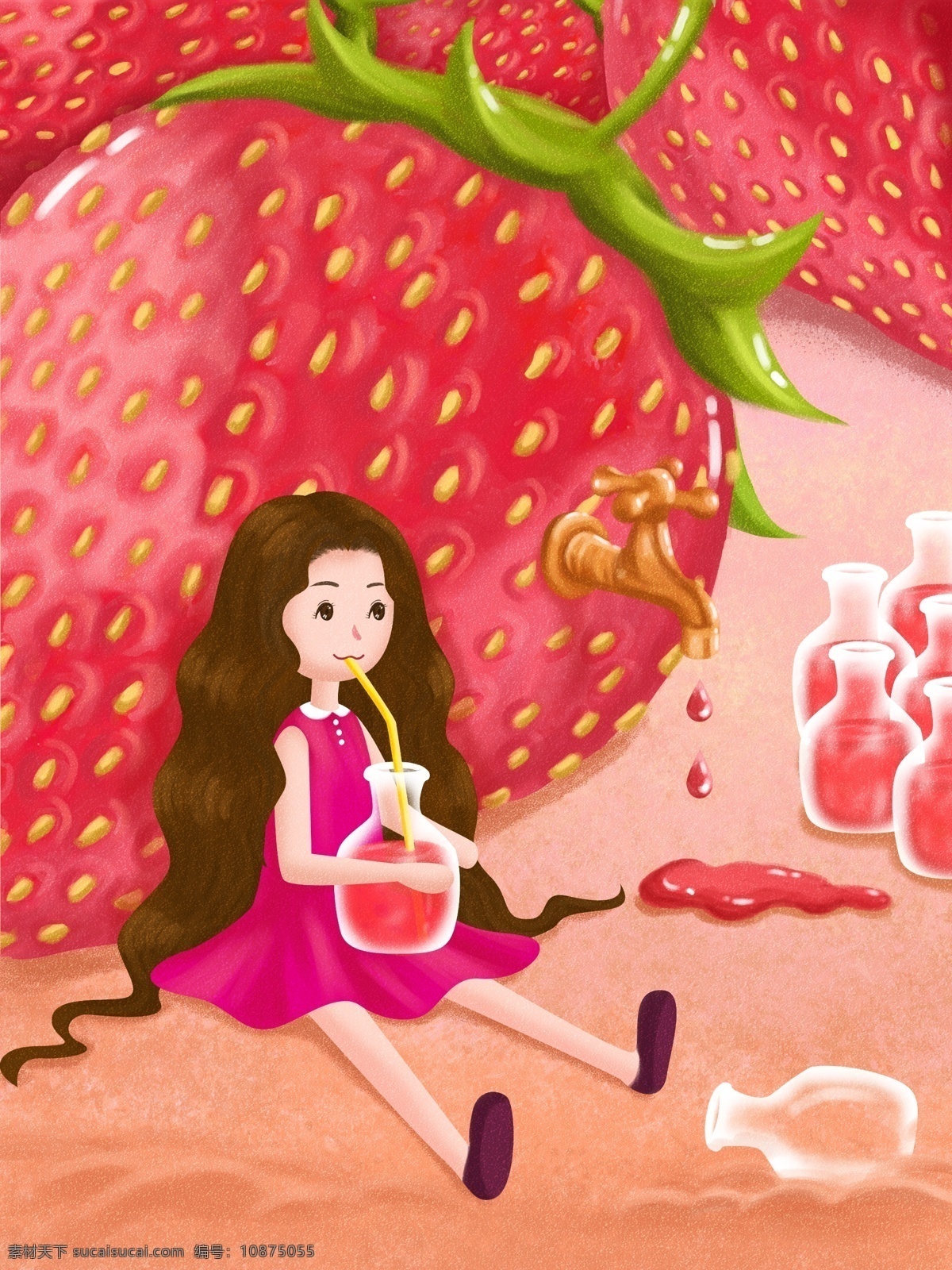 美味 草莓 女孩 创意 水果 清新 肌理 插画 红色 粉色 暖色 新鲜 草莓汁 颗粒