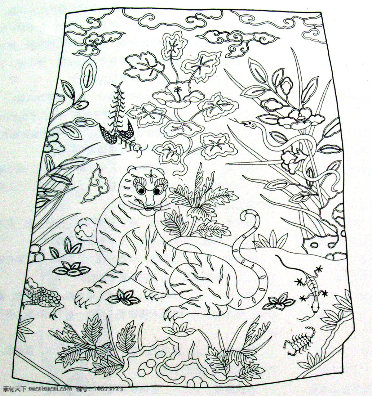 刺绣 艾 虎 五毒 纹 方 补 摹绘 图 设计素材 动物图案 装饰图案 书画美术 白色