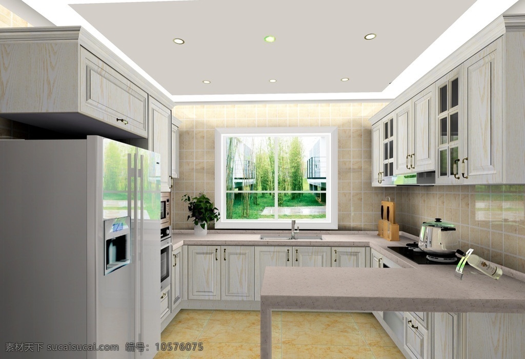 欧式厨房 吧台 厨房 白色实木 开放漆 橱柜 环境设计 室内设计