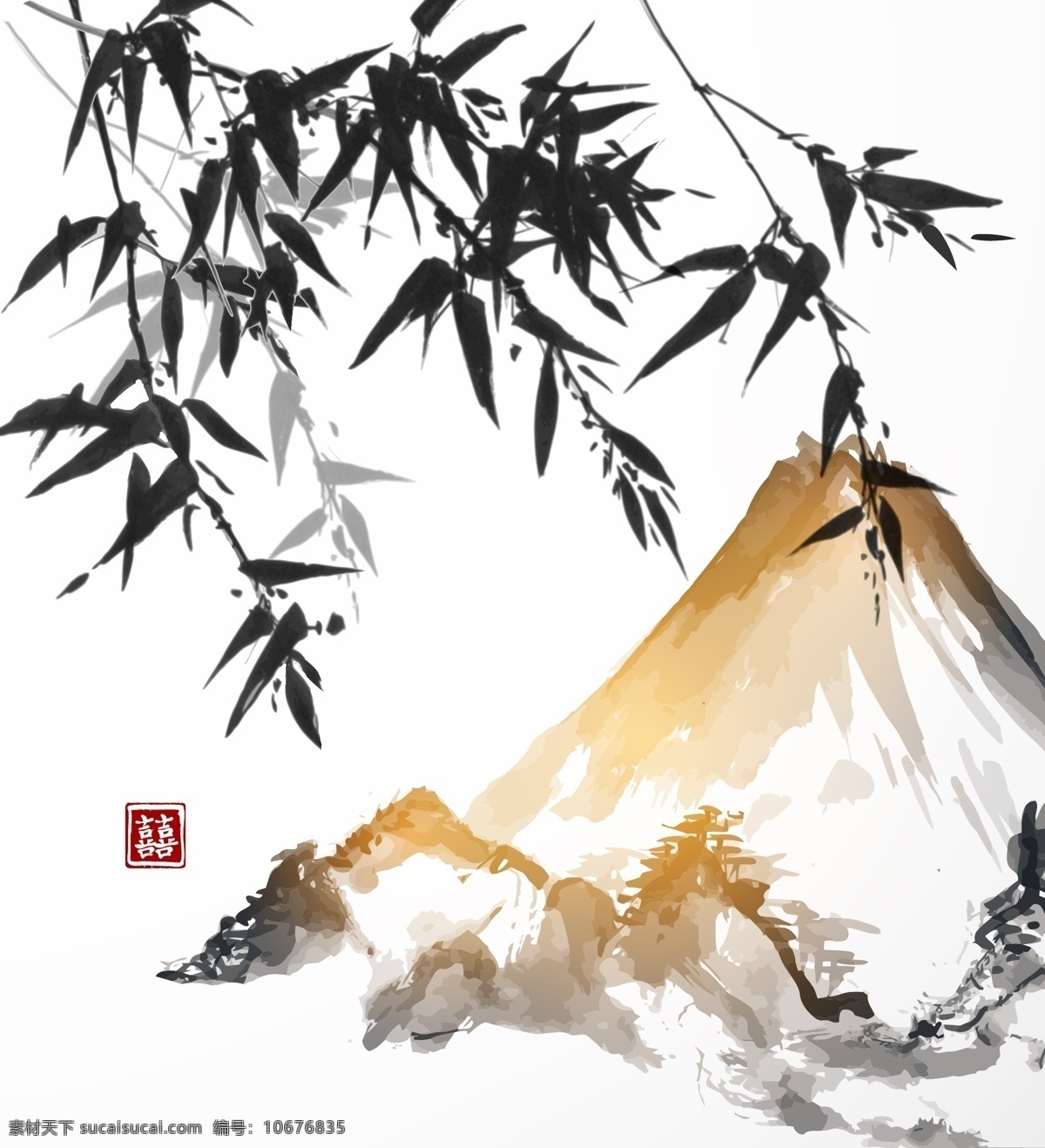 国画艺术 山水 竹子 插画 艺术 手绘 国画 水墨 大山 植物