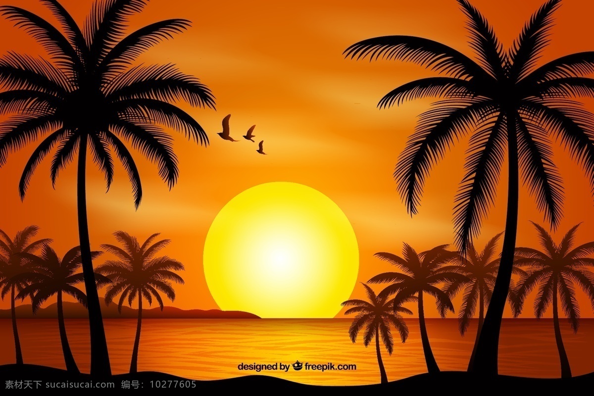 夕阳 下 大海 沙滩 美丽 风景 椰子树 源文件 矢量 高清图片