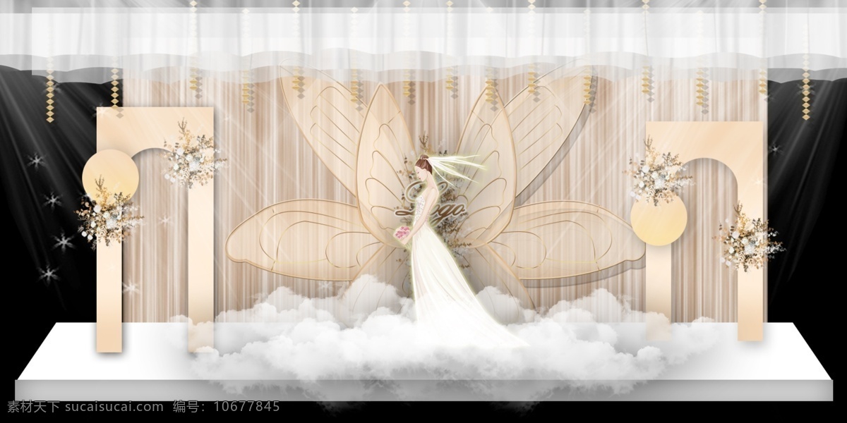 香槟色婚礼 蝴蝶婚礼道具 分层 背景素材 婚礼设计主题