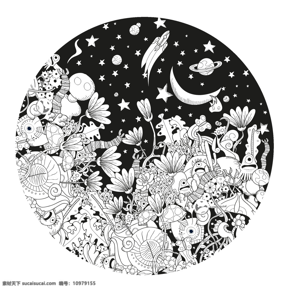 黑白 卡通 涂鸦 植物 插画 花朵 星星 艺术