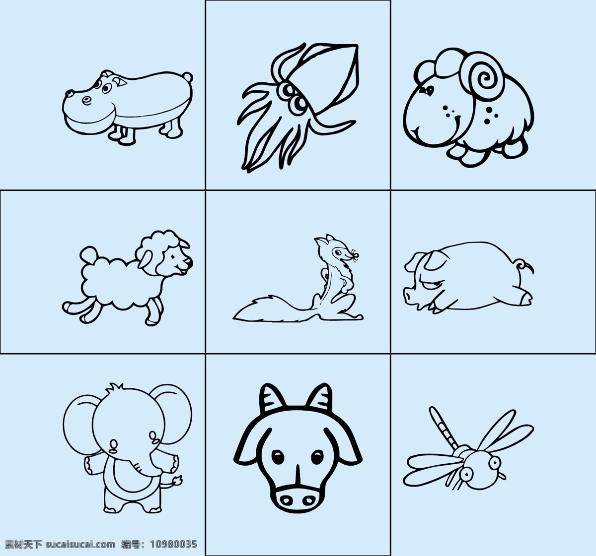 小动物 简笔画 线条图 矢量图 可改动 犀牛 乌贼 羊 狐狸 猪 象 牛 动漫动画