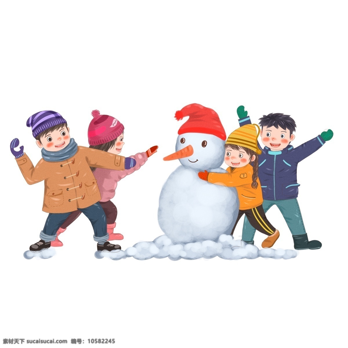 手绘 冬天 堆 雪人 打雪仗 儿童 人物 漫画 清新 小朋友 堆雪人