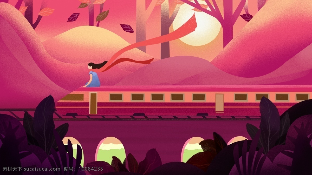 单身 女孩 旅行 旅游 火车 插画 桥梁 植物 唯美 单身女孩 少女 探险 日落 红色系 山谷