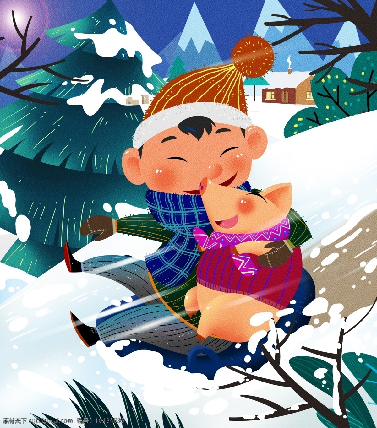 冬季 滑雪 场地 小 猪 小孩 玩耍 雪地 冬天 男孩 psd格式 树 屋子 山 小猪 高清图