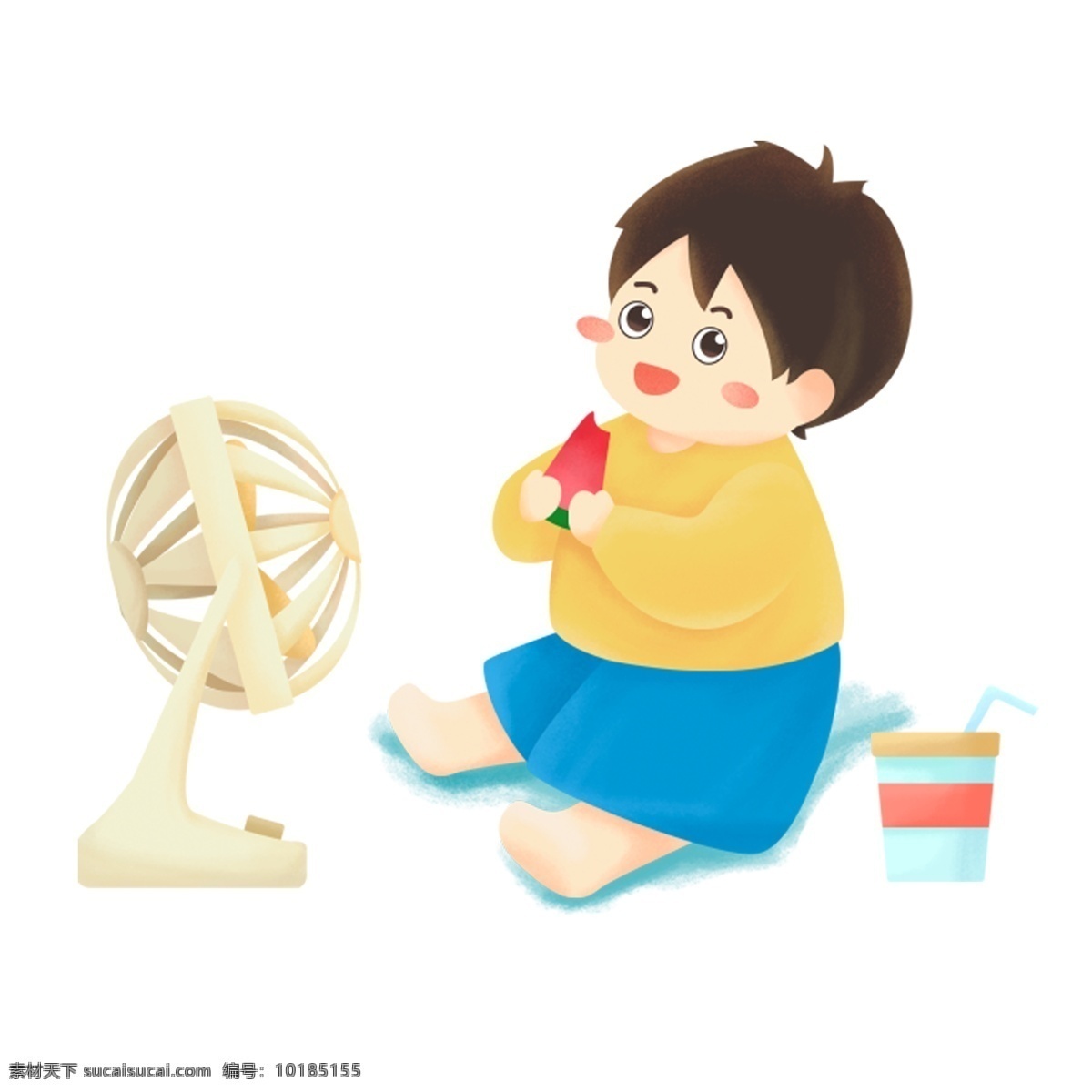 卡 通吃 西瓜 小 男孩 png元素 免抠元素 人物 手绘元素 儿童 风扇
