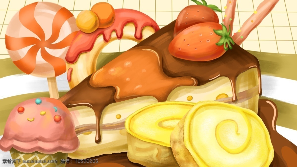美味 不同 种类 甜食 集合 插画 棒棒糖 美食 冰淇淋 草莓 甜甜圈 果酱 虎皮卷 巧克力棒 诱人 写实