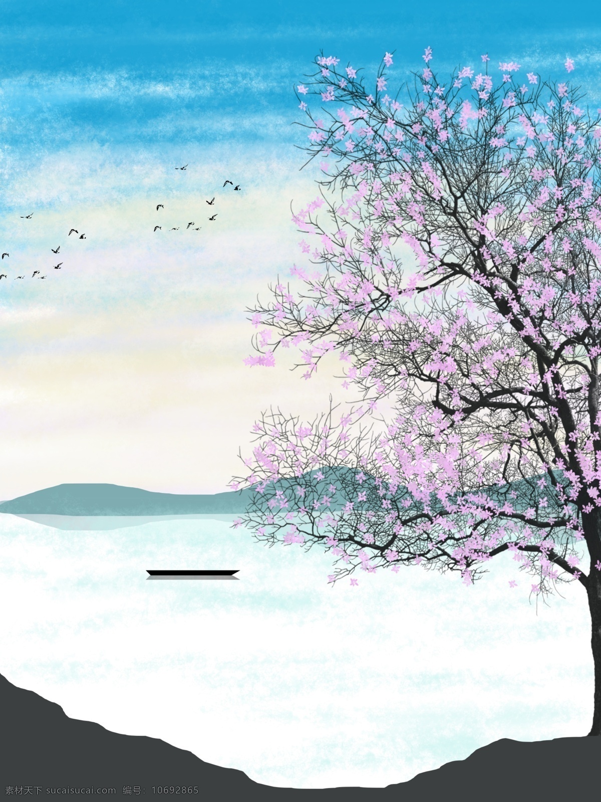 新 中式 手绘 唯美 梅花山 水 客厅 装饰画 新中式风格 手绘风 梅花 山水画 一联画 古风 客厅装饰画