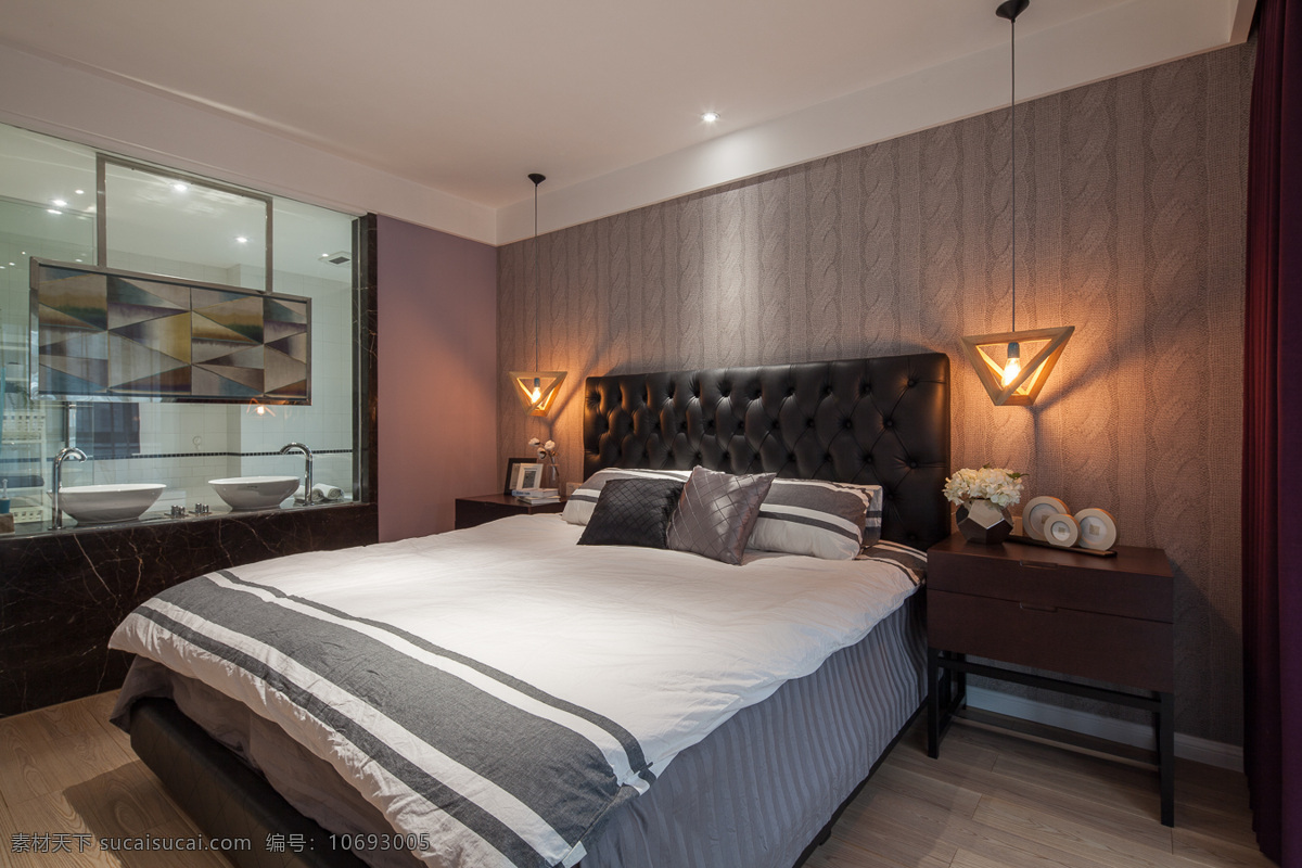 现代 卧室 褐色 床头柜 室内装修 效果图 卧室装修 木制背景墙 木制床头柜 木地板