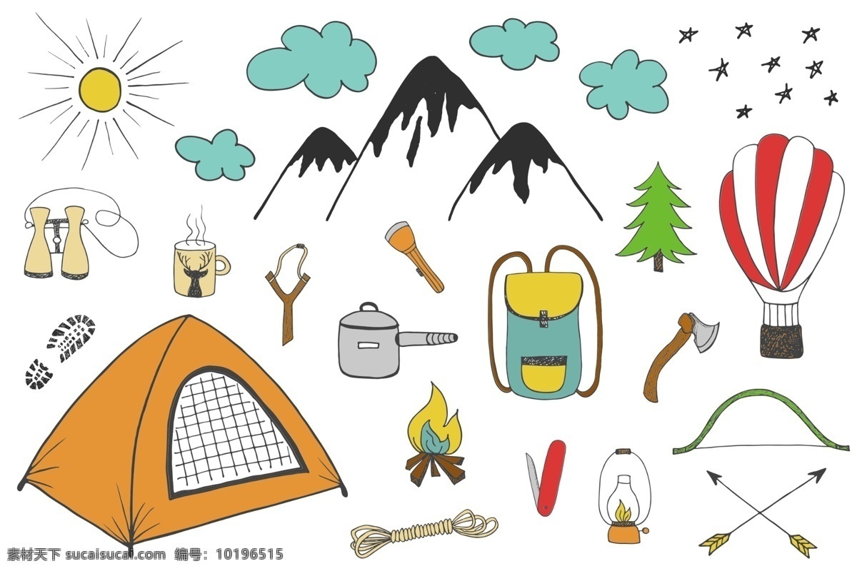 手绘 户外 景色 物品 源文件 热气球 帐篷 篝火 树木 装饰图案