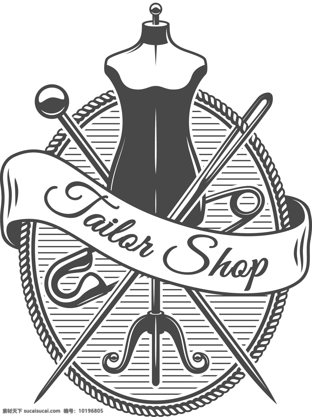 缝纫 店铺 标志 矢量 衣服 简约 黑白 条纹 衣架 针线