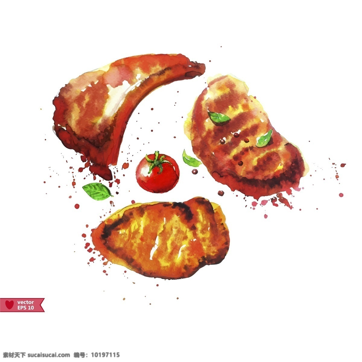 水彩 绘 牛排 美食 插画 肉类 西餐 水彩绘 手绘 西红柿