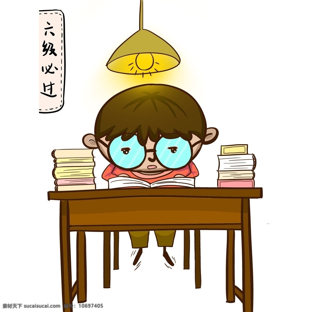 手绘 创意 备考 四六级 男生 卡通 考试 学习 人物设计 课桌 插画