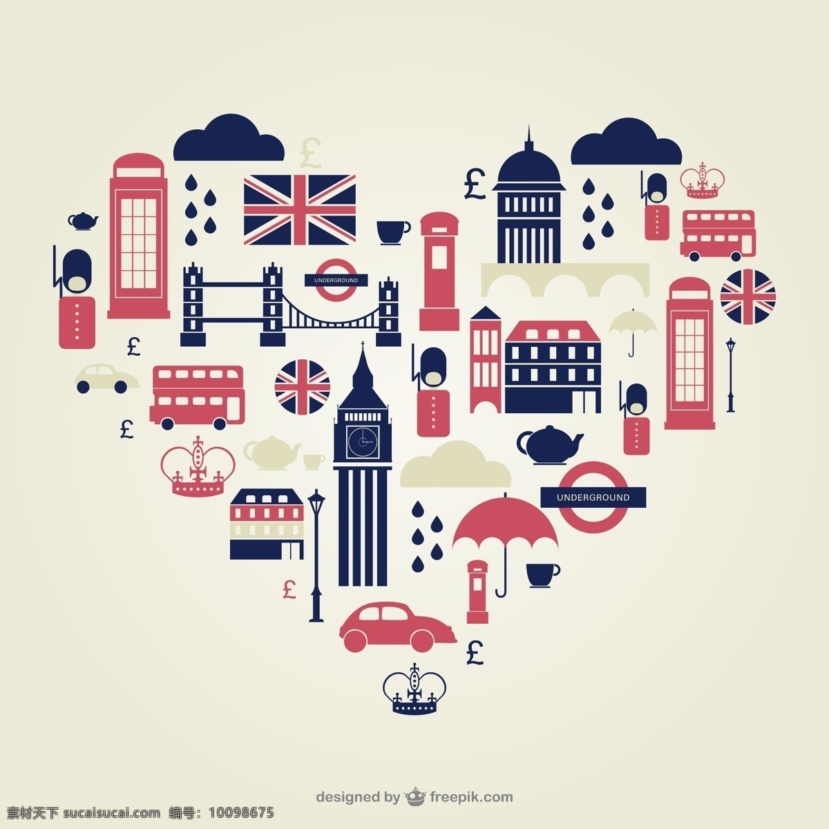 心 型 英国 伦敦 旅游 元素 背景 大本钟 双层巴士 电话亭 英国国旗 图标 心形 矢量图 ai格式