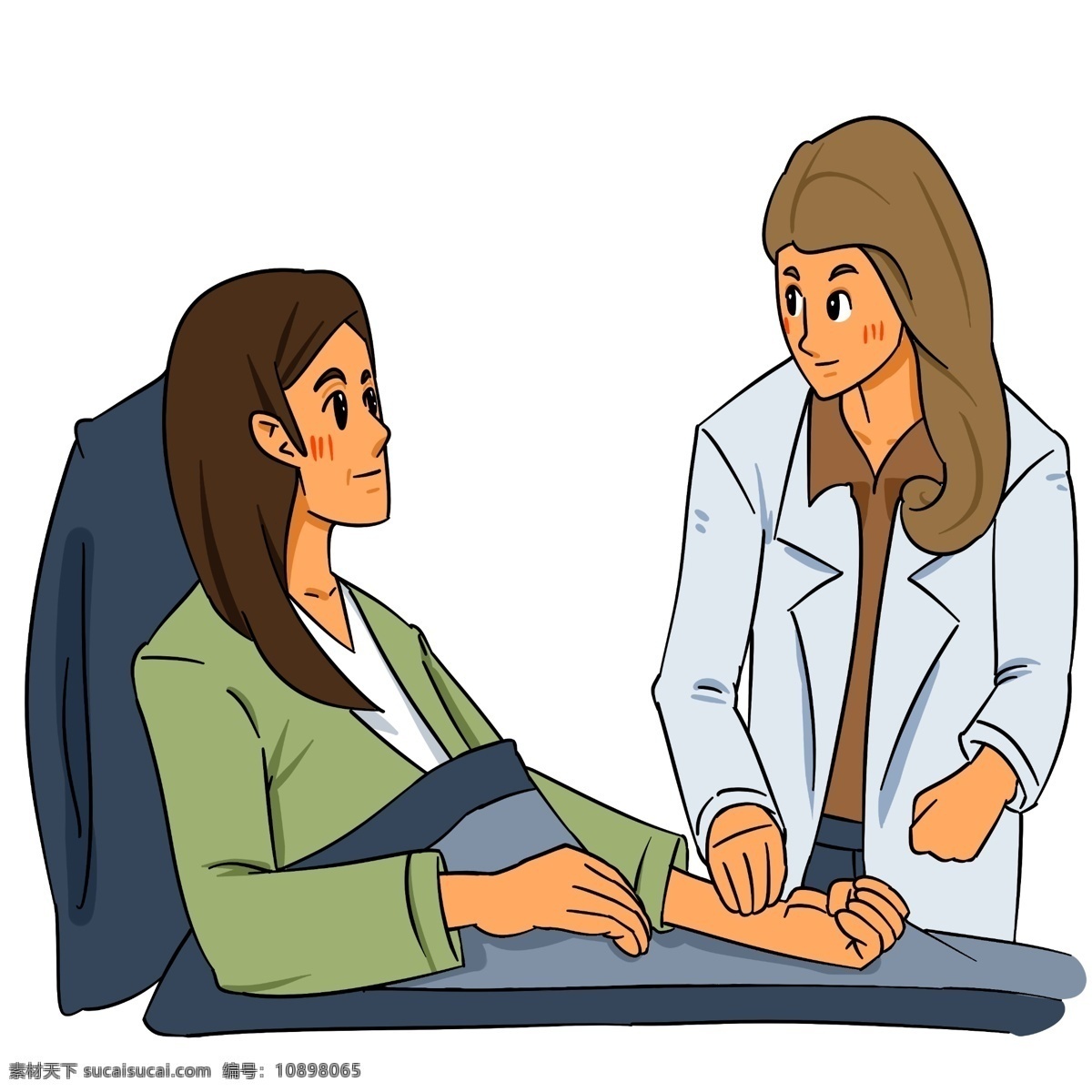 手绘 医生 诊脉 检查 插画 医疗 手绘人物 病床 医院 坐着的病人 病人插图
